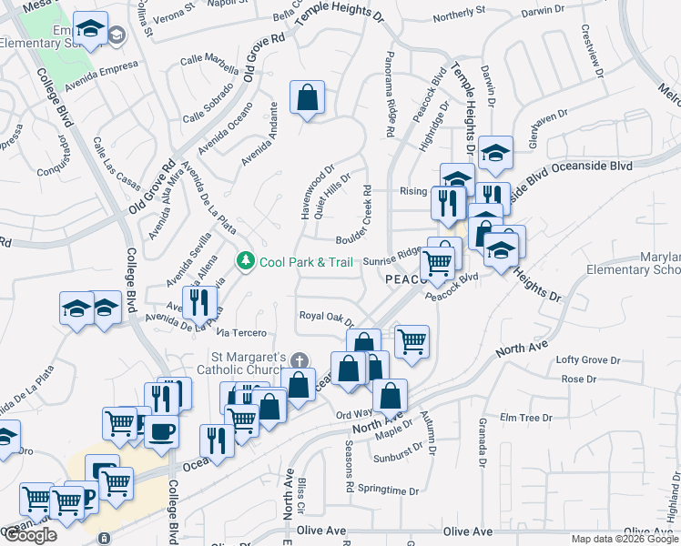 map of restaurants, bars, coffee shops, grocery stores, and more near 4558 Golden Ridge Drive in Oceanside