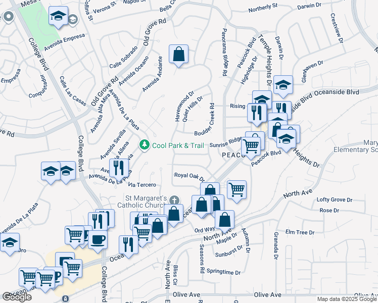 map of restaurants, bars, coffee shops, grocery stores, and more near 4544 Golden Ridge Drive in Oceanside