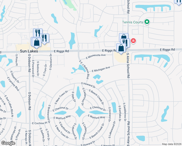 map of restaurants, bars, coffee shops, grocery stores, and more near 10005 East Michigan Avenue in Sun Lakes