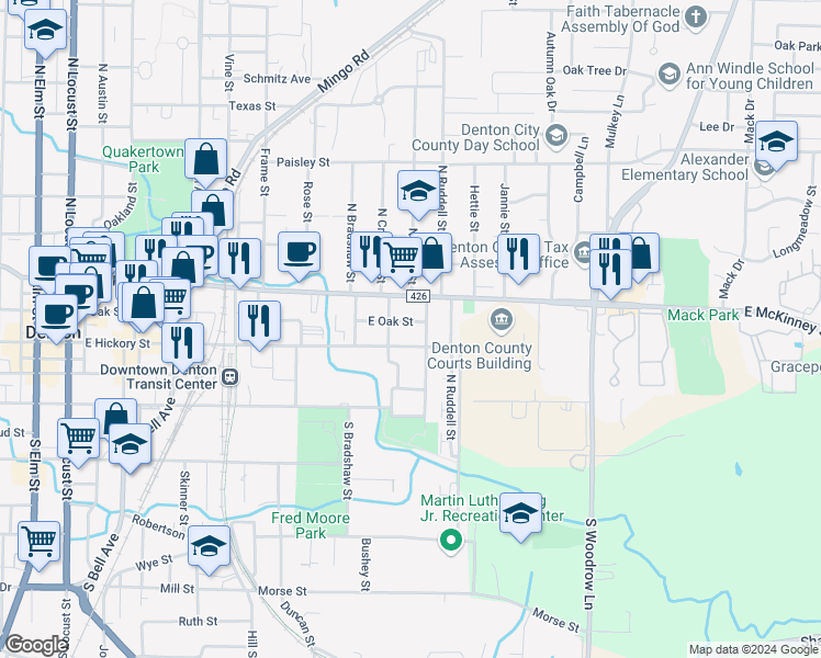 map of restaurants, bars, coffee shops, grocery stores, and more near 1121 East Hickory Street in Denton
