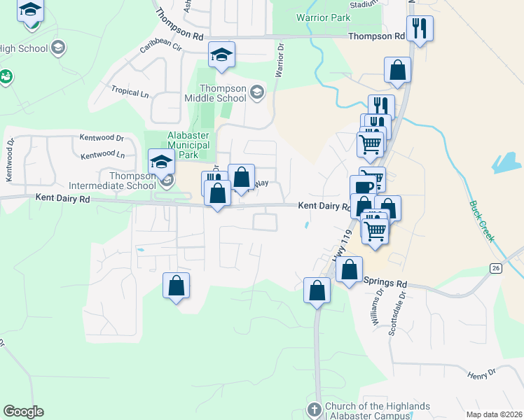 map of restaurants, bars, coffee shops, grocery stores, and more near 200 Wild Flower Trail in Alabaster