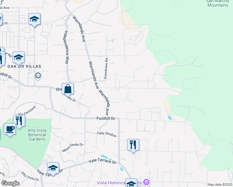 map of restaurants, bars, coffee shops, grocery stores, and more near 1869 Alessandro Trail in Vista