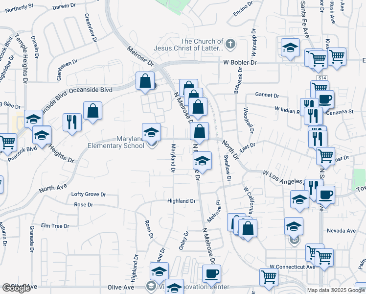 map of restaurants, bars, coffee shops, grocery stores, and more near 1211 North Melrose Drive in Vista
