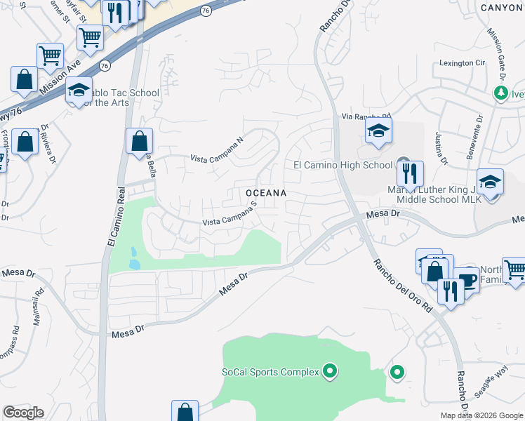 map of restaurants, bars, coffee shops, grocery stores, and more near 3747 Vista Campana South in Oceanside