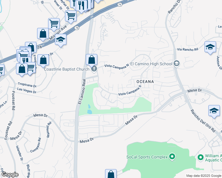 map of restaurants, bars, coffee shops, grocery stores, and more near 3630 Vista Campana South in Oceanside