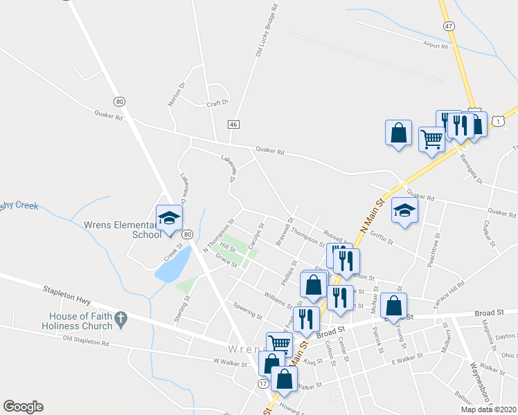map of restaurants, bars, coffee shops, grocery stores, and more near 412 North Thompson Street in Wrens