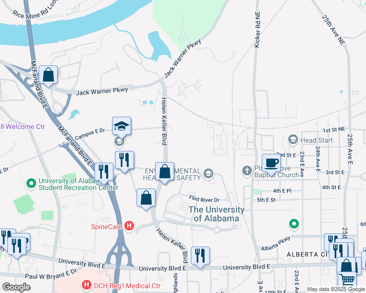 map of restaurants, bars, coffee shops, grocery stores, and more near 301 Helen Keller Boulevard in Tuscaloosa