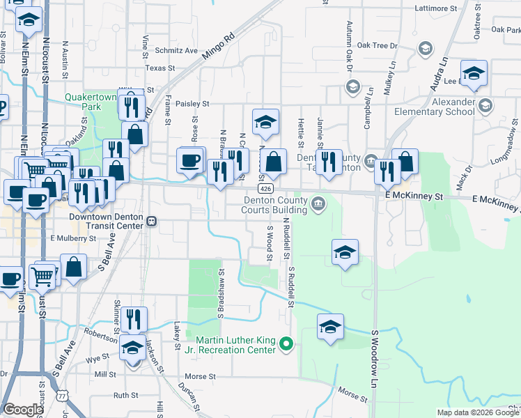 map of restaurants, bars, coffee shops, grocery stores, and more near 1121 East Hickory Street in Denton