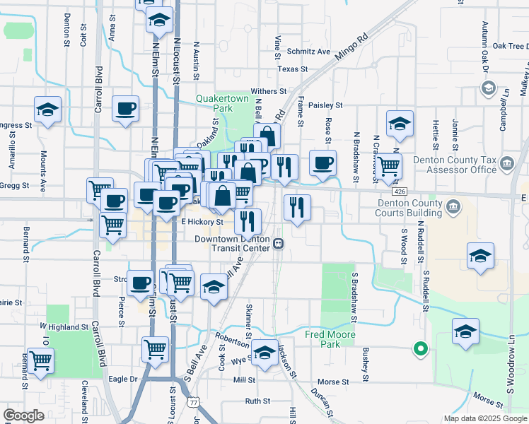 map of restaurants, bars, coffee shops, grocery stores, and more near 520 East Hickory Street in Denton