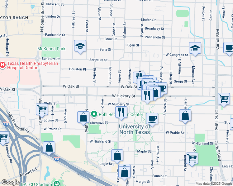 map of restaurants, bars, coffee shops, grocery stores, and more near 215 Avenue C in Denton
