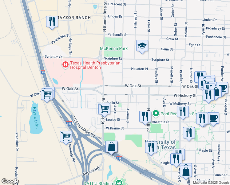 map of restaurants, bars, coffee shops, grocery stores, and more near 2411 West Hickory Street in Denton