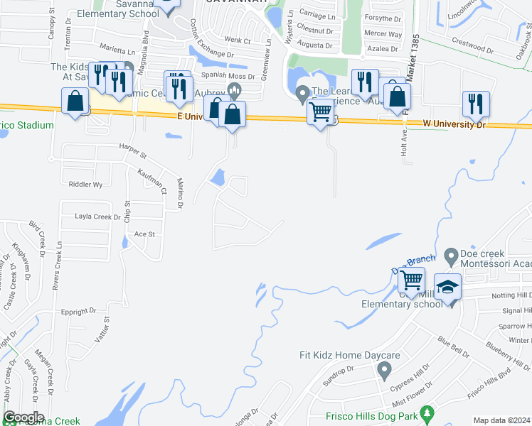 map of restaurants, bars, coffee shops, grocery stores, and more near 27040 East University Drive in Little Elm