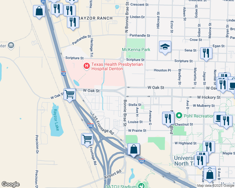 map of restaurants, bars, coffee shops, grocery stores, and more near 2401 West Oak Street in Denton