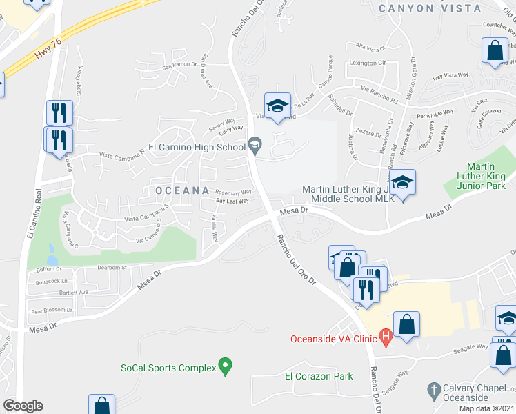 map of restaurants, bars, coffee shops, grocery stores, and more near 3840 Cinnamon Way in Oceanside