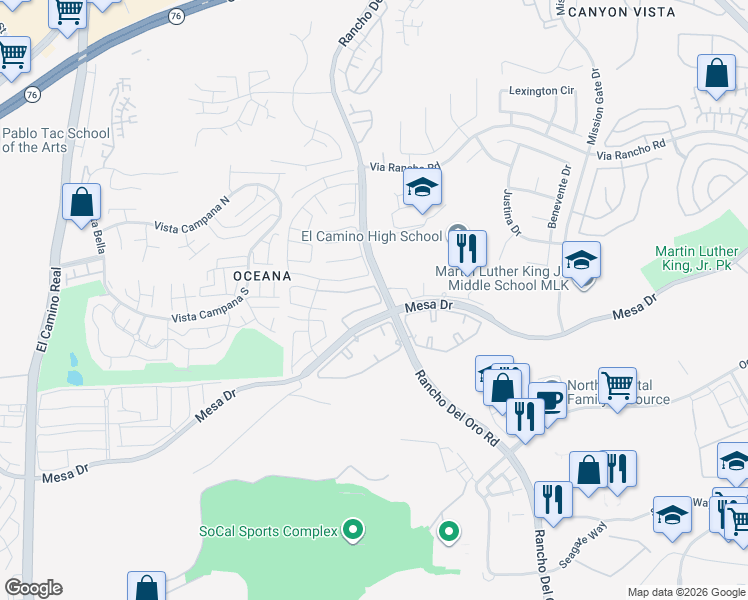 map of restaurants, bars, coffee shops, grocery stores, and more near 3840 Cinnamon Way in Oceanside