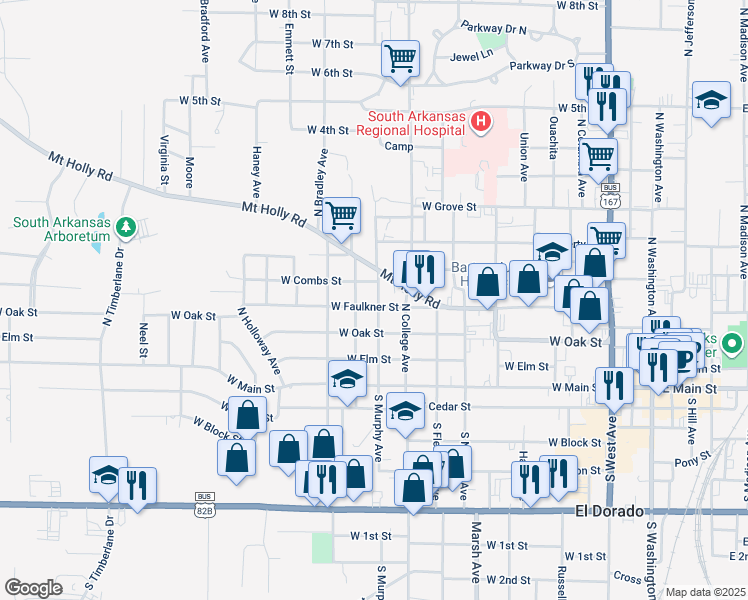 map of restaurants, bars, coffee shops, grocery stores, and more near 1005 West Faulkner Street in El Dorado
