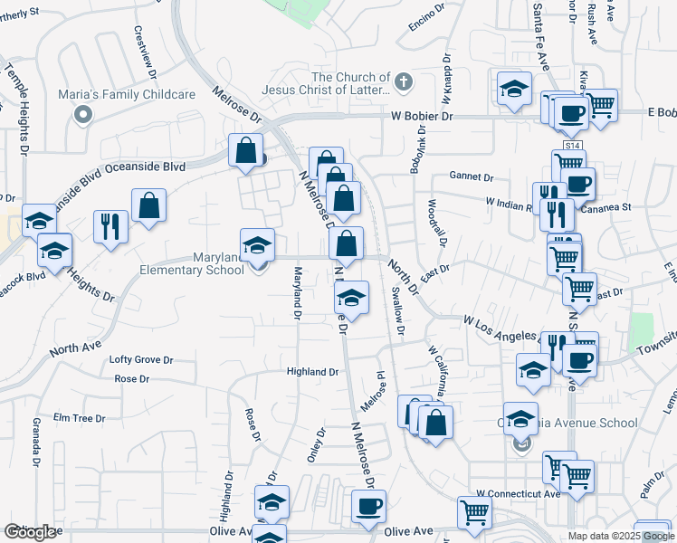 map of restaurants, bars, coffee shops, grocery stores, and more near 1445 North Melrose Drive in Vista