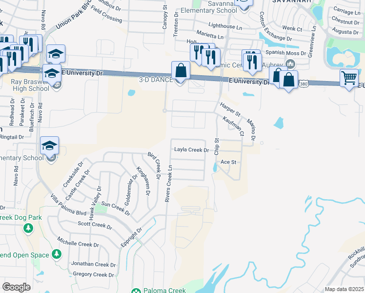 map of restaurants, bars, coffee shops, grocery stores, and more near 3105 Layla Creek Drive in Little Elm