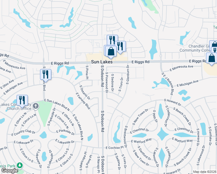 map of restaurants, bars, coffee shops, grocery stores, and more near 25437 South Pinewood Drive in Sun Lakes