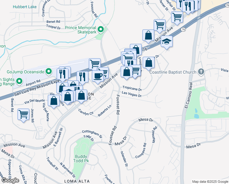 map of restaurants, bars, coffee shops, grocery stores, and more near 3301 Carolyn Circle in Oceanside