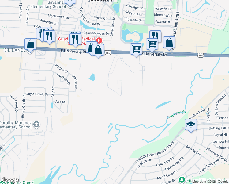 map of restaurants, bars, coffee shops, grocery stores, and more near 27040 East University Drive in Little Elm
