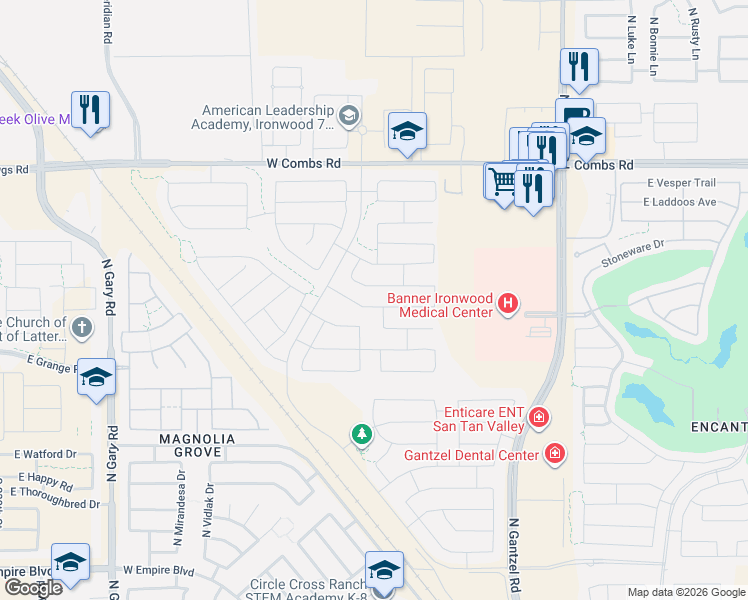 map of restaurants, bars, coffee shops, grocery stores, and more near 502 West Golden Aspen Drive in Queen Creek