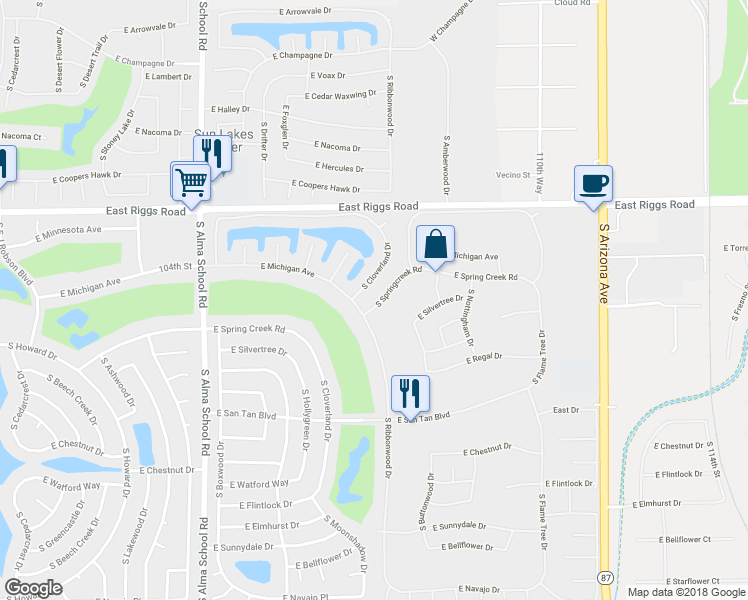 map of restaurants, bars, coffee shops, grocery stores, and more near 25602 South Spring Creek Road in Sun Lakes