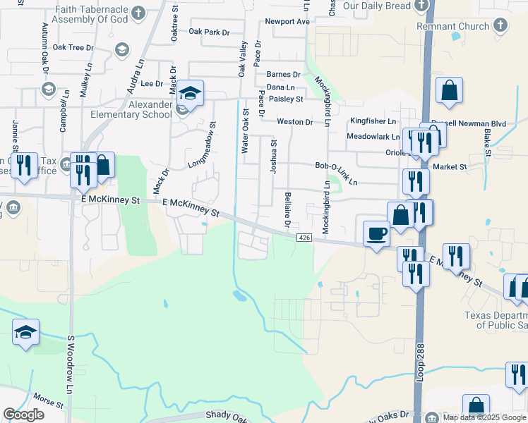 map of restaurants, bars, coffee shops, grocery stores, and more near 101 Springtree Street in Denton