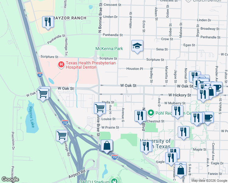 map of restaurants, bars, coffee shops, grocery stores, and more near 2269 West Oak Street in Denton