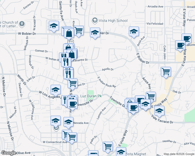 map of restaurants, bars, coffee shops, grocery stores, and more near 331 E Indian Rock Rd in Vista