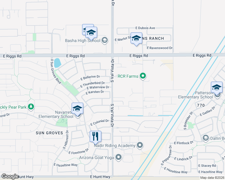 map of restaurants, bars, coffee shops, grocery stores, and more near 4989 East Karsten Drive in Chandler