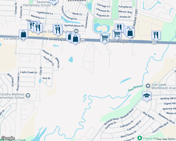 map of restaurants, bars, coffee shops, grocery stores, and more near 27040 East University Drive in Little Elm