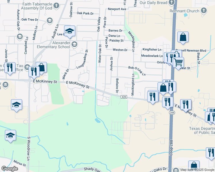 map of restaurants, bars, coffee shops, grocery stores, and more near 101 Springtree Street in Denton