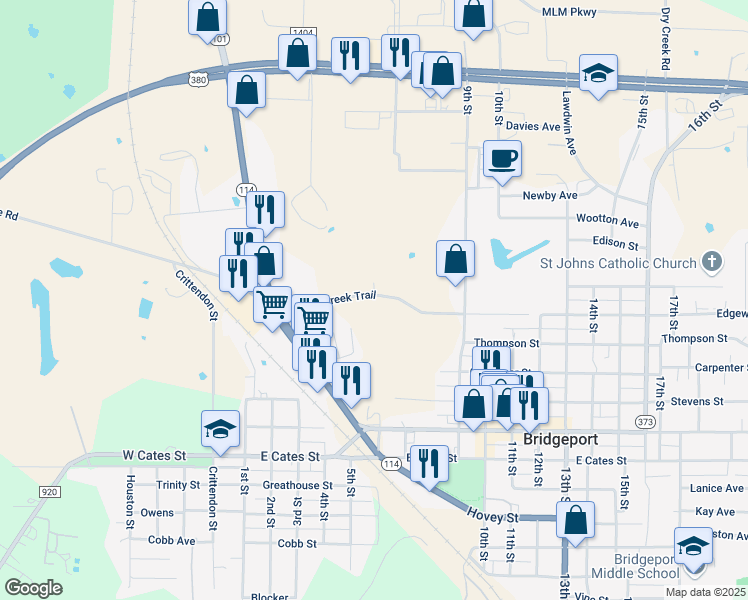 map of restaurants, bars, coffee shops, grocery stores, and more near 408 Turkey Creek Trail in Bridgeport