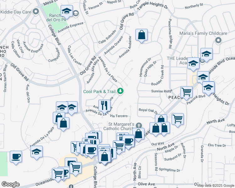 map of restaurants, bars, coffee shops, grocery stores, and more near 1767 Avenida Segovia in Oceanside