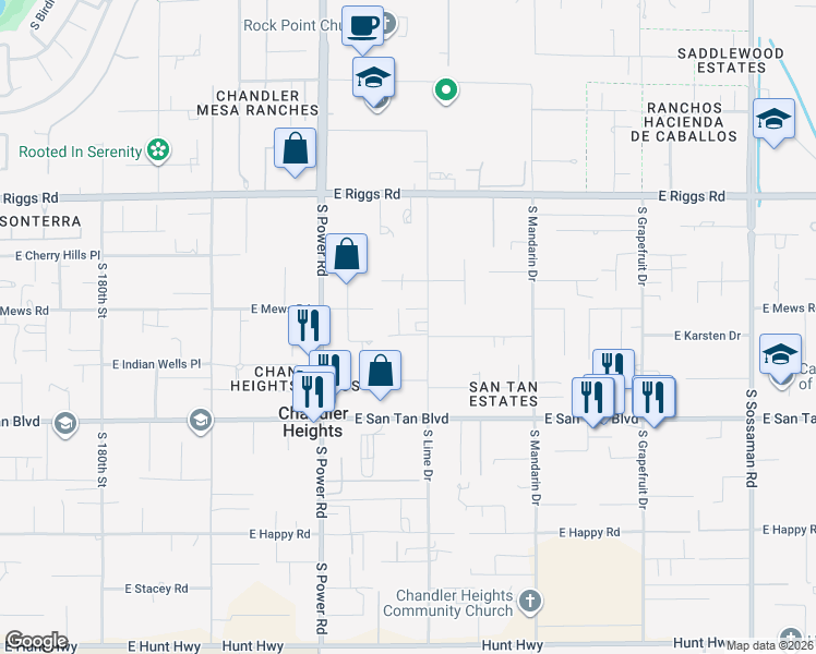 map of restaurants, bars, coffee shops, grocery stores, and more near 25620 South Lime Drive in Queen Creek