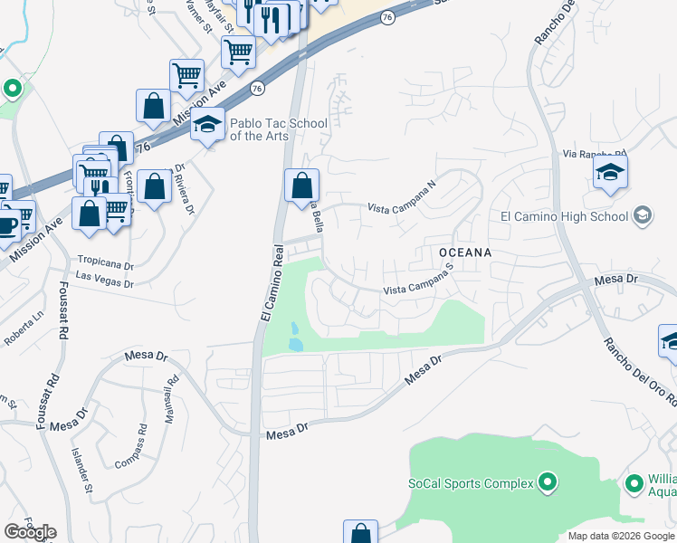 map of restaurants, bars, coffee shops, grocery stores, and more near 3630 Vista Campana South in Oceanside