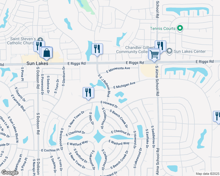 map of restaurants, bars, coffee shops, grocery stores, and more near 10002 E Michigan Ave in Sun Lakes