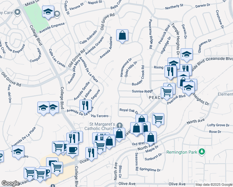 map of restaurants, bars, coffee shops, grocery stores, and more near 1702 Havenwood Drive in Oceanside