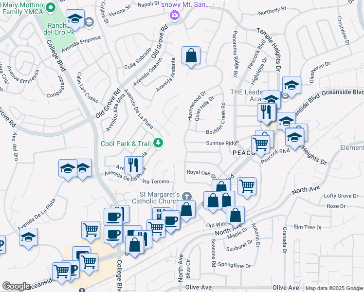 map of restaurants, bars, coffee shops, grocery stores, and more near 1702 Havenwood Drive in Oceanside