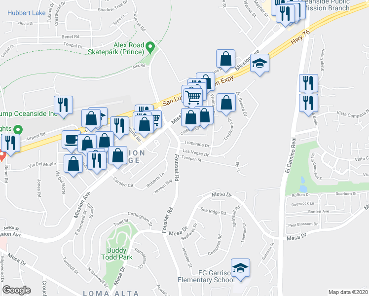 map of restaurants, bars, coffee shops, grocery stores, and more near 3332 Las Vegas Drive in Oceanside