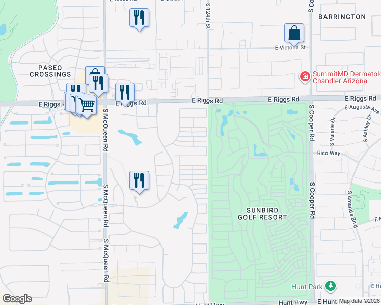 map of restaurants, bars, coffee shops, grocery stores, and more near 1454 East Runaway Bay Drive in Chandler
