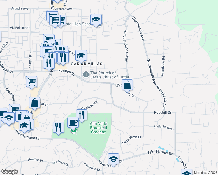 map of restaurants, bars, coffee shops, grocery stores, and more near 1550 Foothill Drive in Vista
