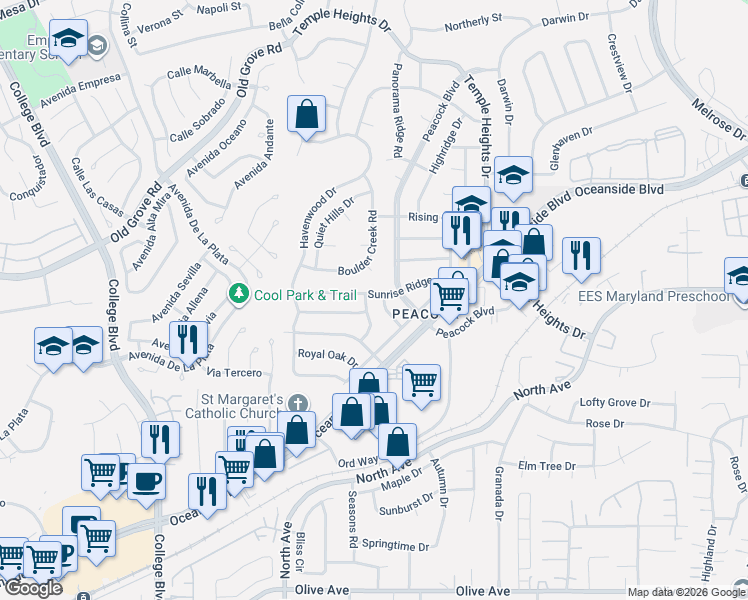 map of restaurants, bars, coffee shops, grocery stores, and more near 1762 Round Tree Drive in Oceanside