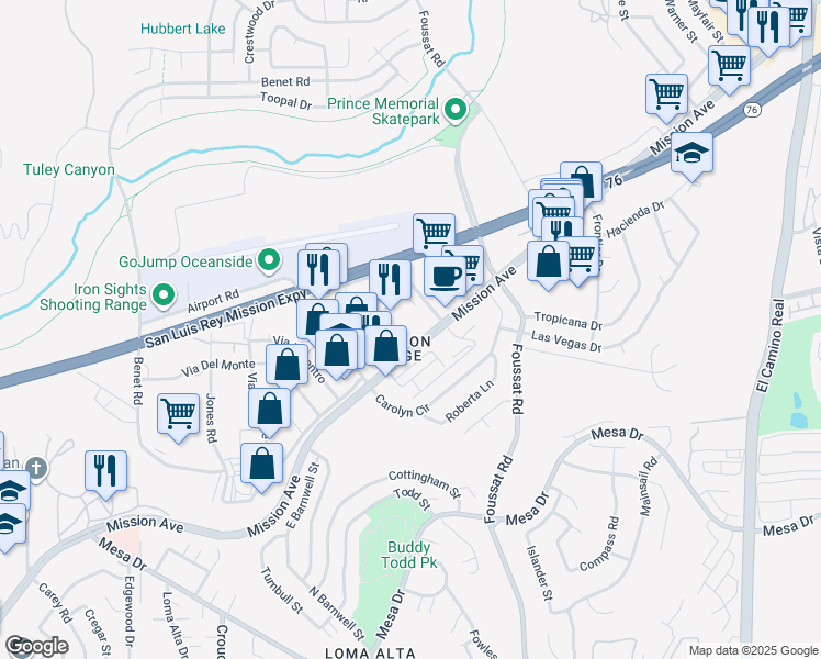 map of restaurants, bars, coffee shops, grocery stores, and more near 3225 Mission Avenue in Oceanside