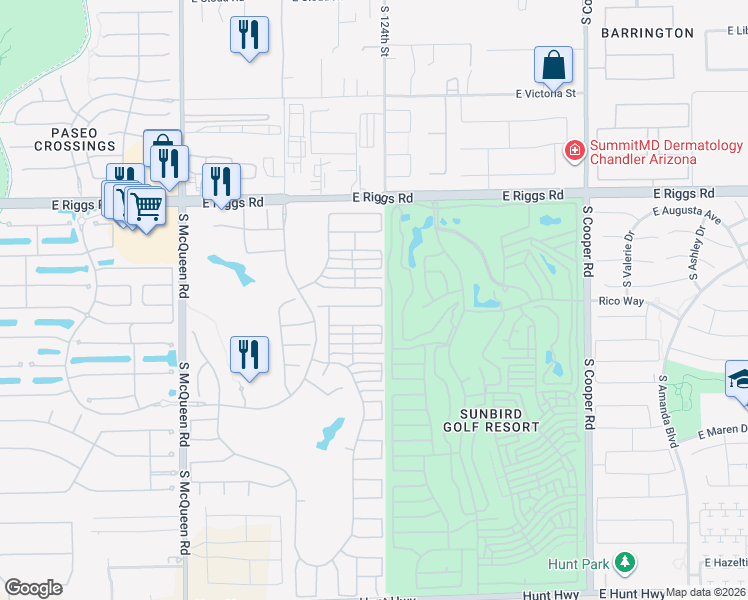 map of restaurants, bars, coffee shops, grocery stores, and more near 1472 East Waterview Place in Chandler