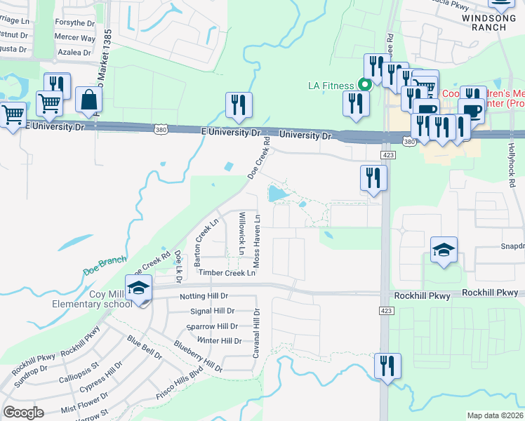 map of restaurants, bars, coffee shops, grocery stores, and more near 16418 Moss Haven Lane in Little Elm