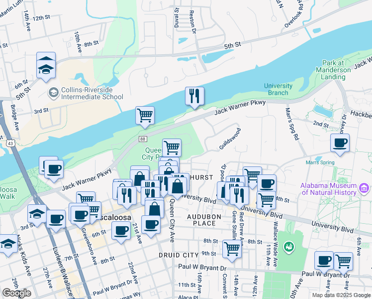 map of restaurants, bars, coffee shops, grocery stores, and more near 1747 Jack Warner Parkway in Tuscaloosa