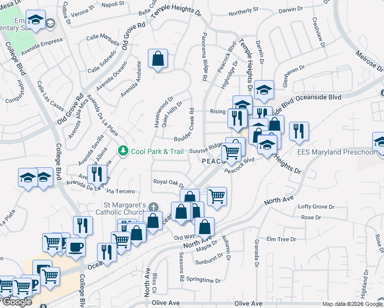 map of restaurants, bars, coffee shops, grocery stores, and more near 1762 Round Tree Drive in Oceanside