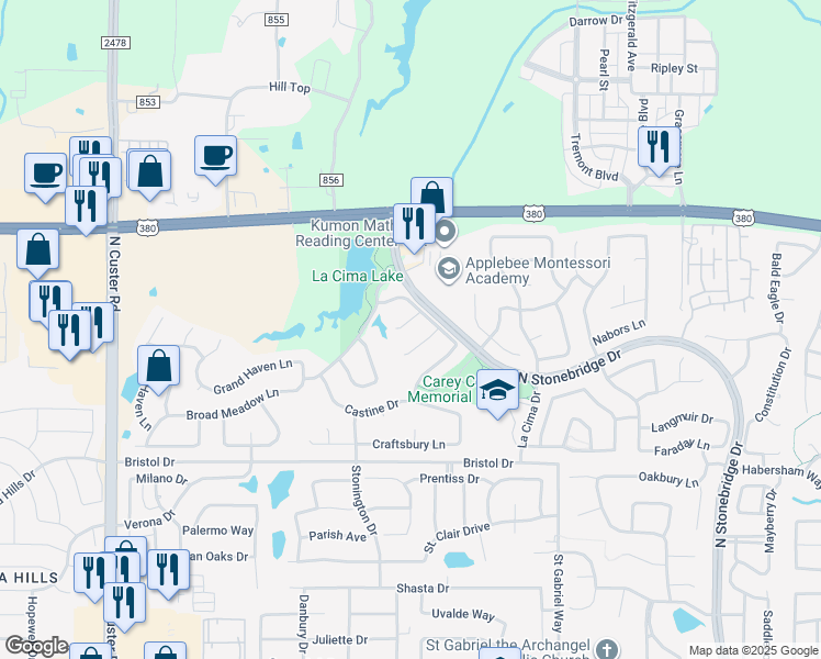 map of restaurants, bars, coffee shops, grocery stores, and more near 8103 Watch Hill Lane in McKinney